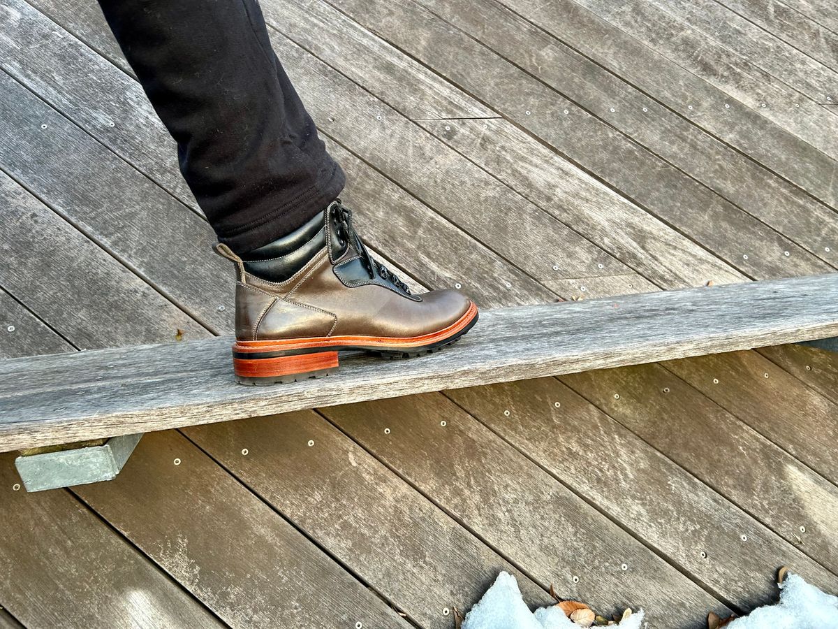 Photo by Vic on January 3, 2026 of the Blkbrd Shoemaker Bulwark Trek Boot in Horween Green Horse Rump.