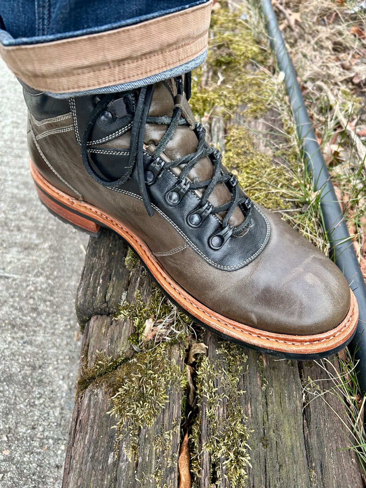 Photo by Vic on January 14, 2026 of the Blkbrd Shoemaker Bulwark Trek Boot in Horween Green Horse Rump.