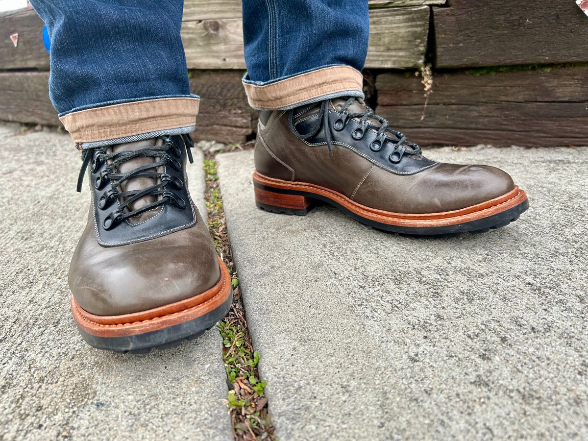 Photo by Vic on January 14, 2026 of the Blkbrd Shoemaker Bulwark Trek Boot in Horween Green Horse Rump.