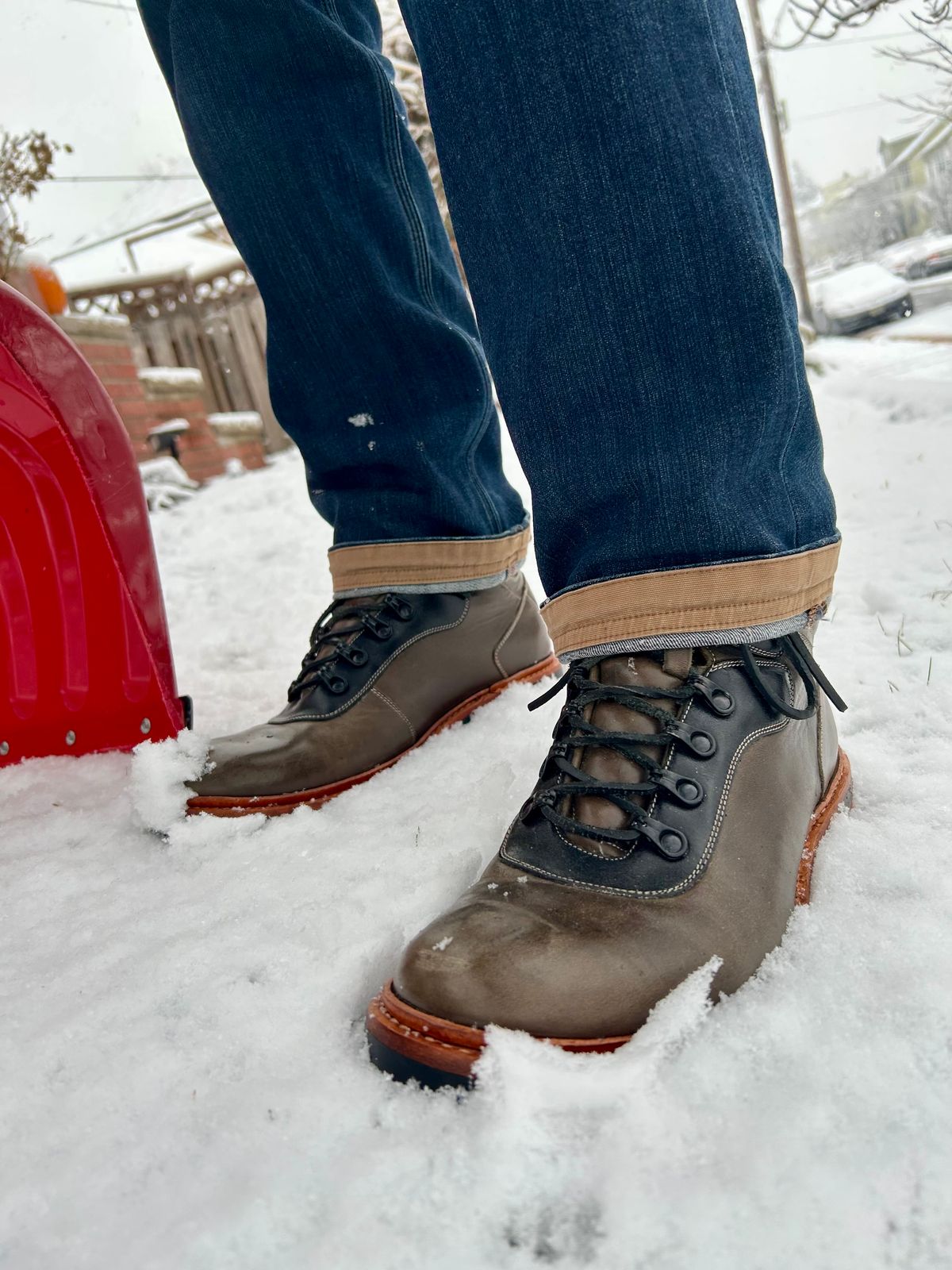 Photo by Vic on January 18, 2026 of the Blkbrd Shoemaker Bulwark Trek Boot in Horween Green Horse Rump.