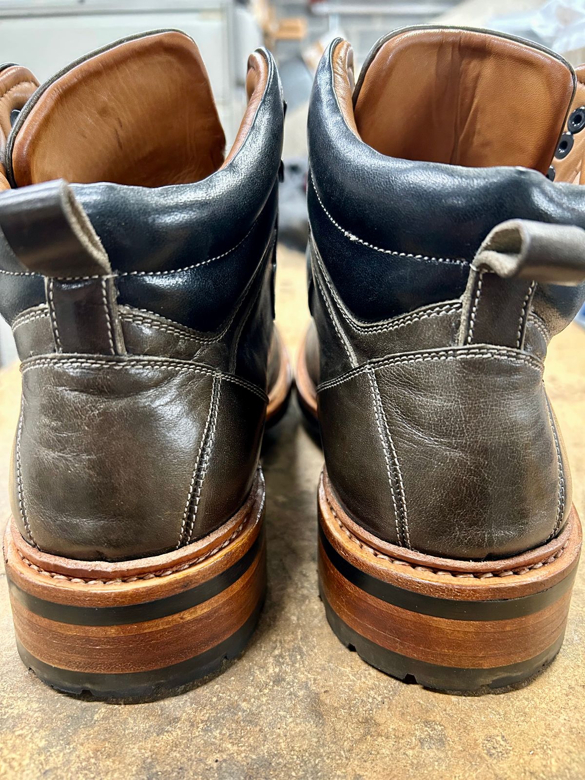 Photo by Vic on January 28, 2026 of the Blkbrd Shoemaker Bulwark Trek Boot in Horween Green Horse Rump.