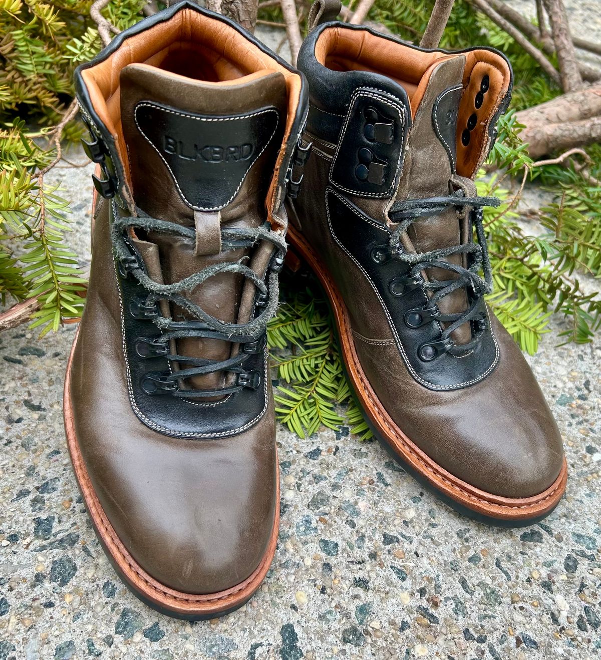 Photo by Vic on March 15, 2026 of the Blkbrd Shoemaker Bulwark Trek Boot in Horween Green Horse Rump.