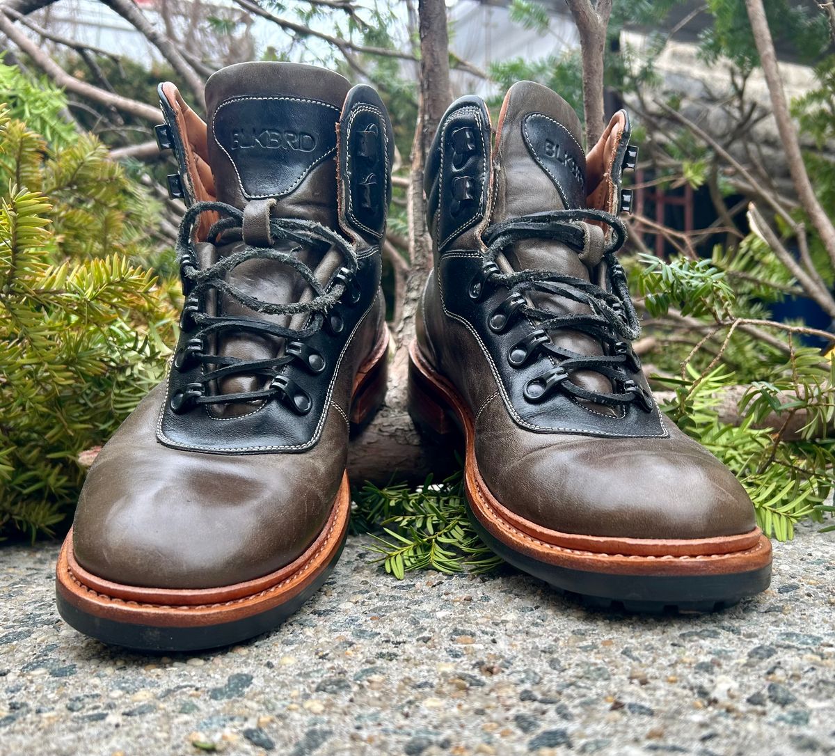 Photo by Vic on March 15, 2026 of the Blkbrd Shoemaker Bulwark Trek Boot in Horween Green Horse Rump.