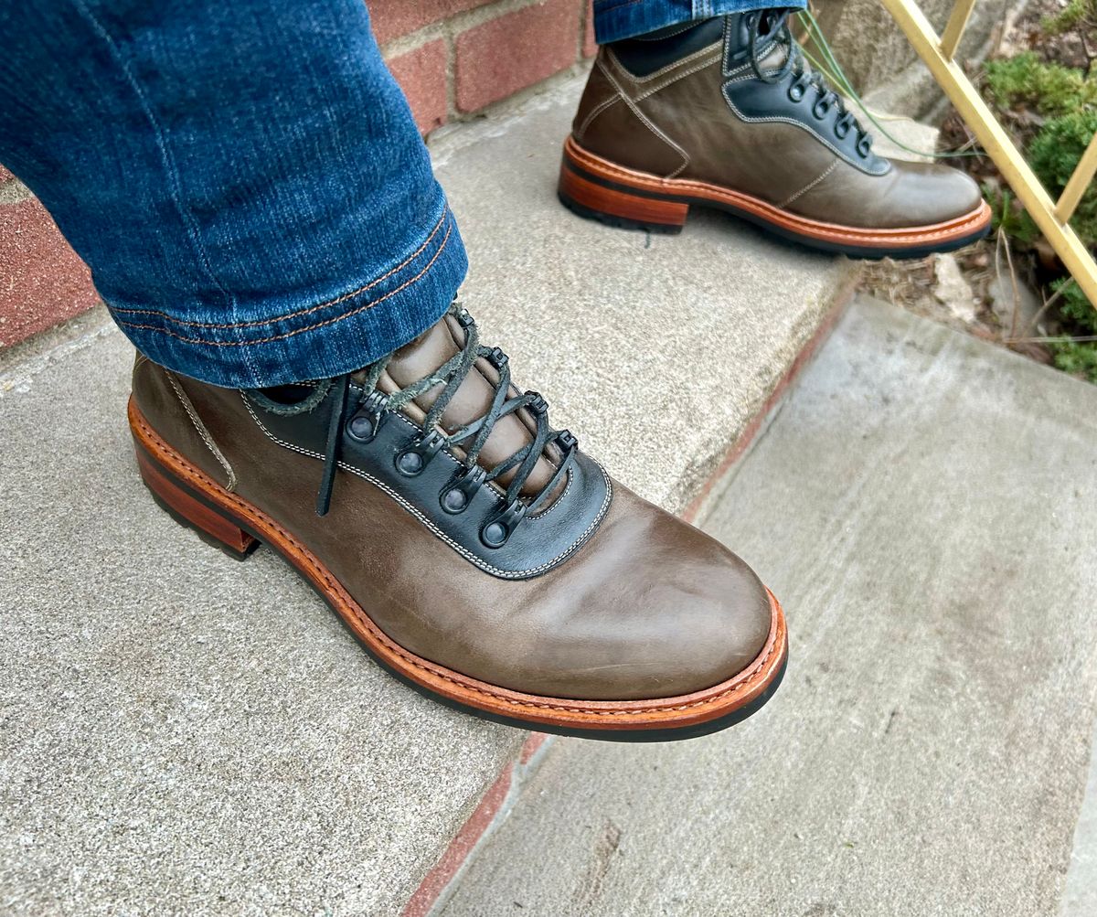 Photo by Vic on March 19, 2026 of the Blkbrd Shoemaker Bulwark Trek Boot in Horween Green Horse Rump.