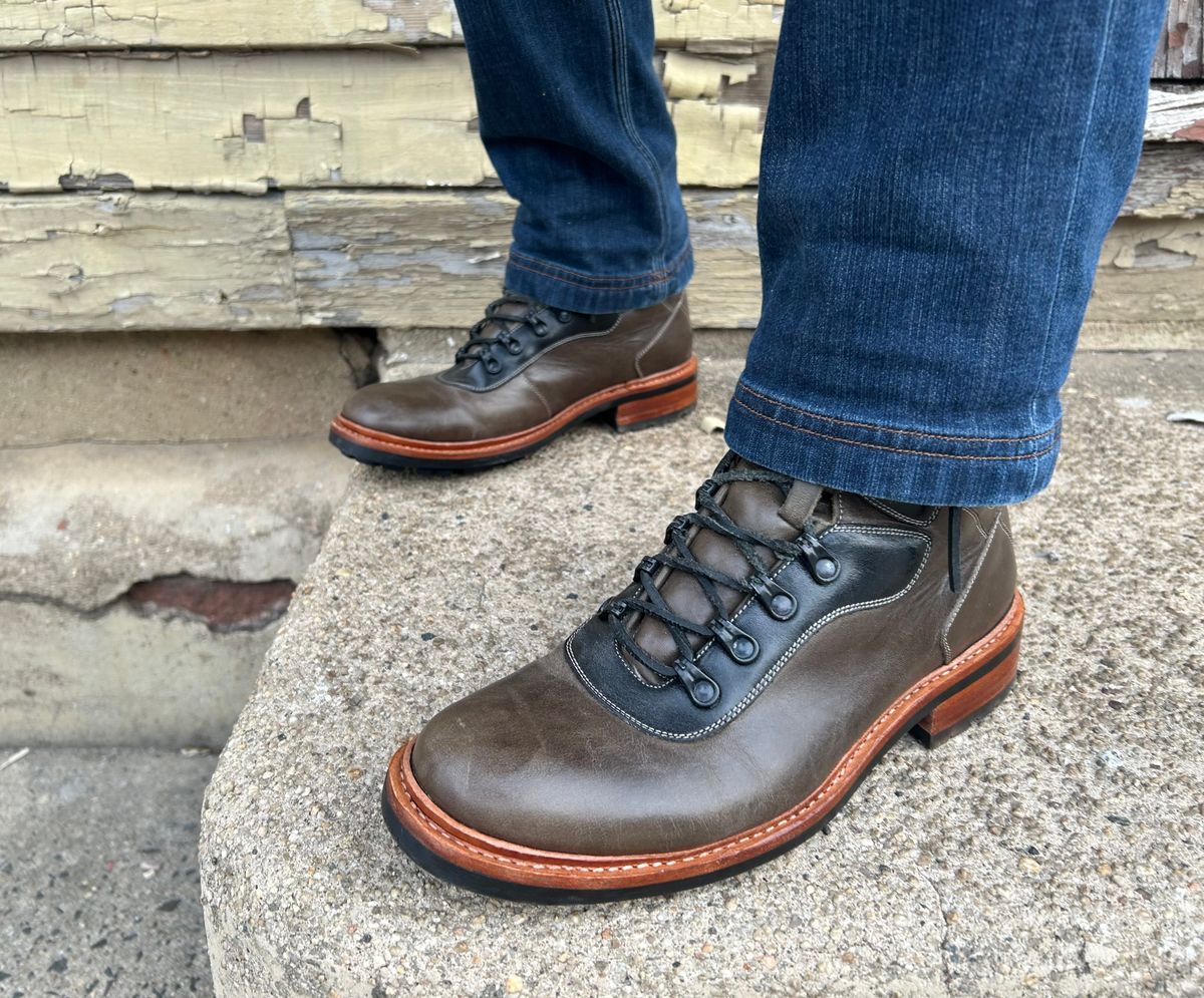 Photo by Vic on March 19, 2026 of the Blkbrd Shoemaker Bulwark Trek Boot in Horween Green Horse Rump.