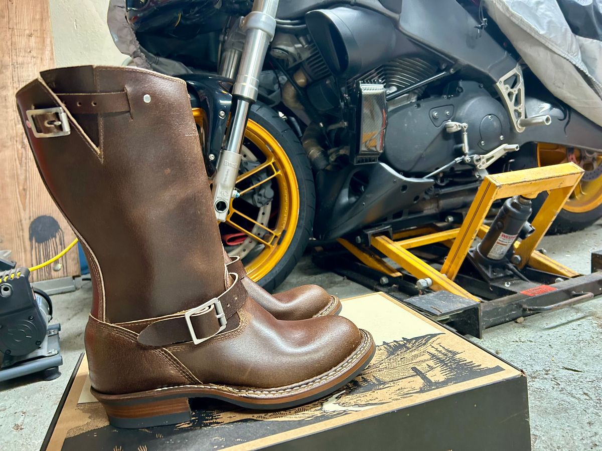Photo by Vic on December 4, 2025 of the White's Nomad Engineer Boots in Horween Cinnamon Waxed Flesh.