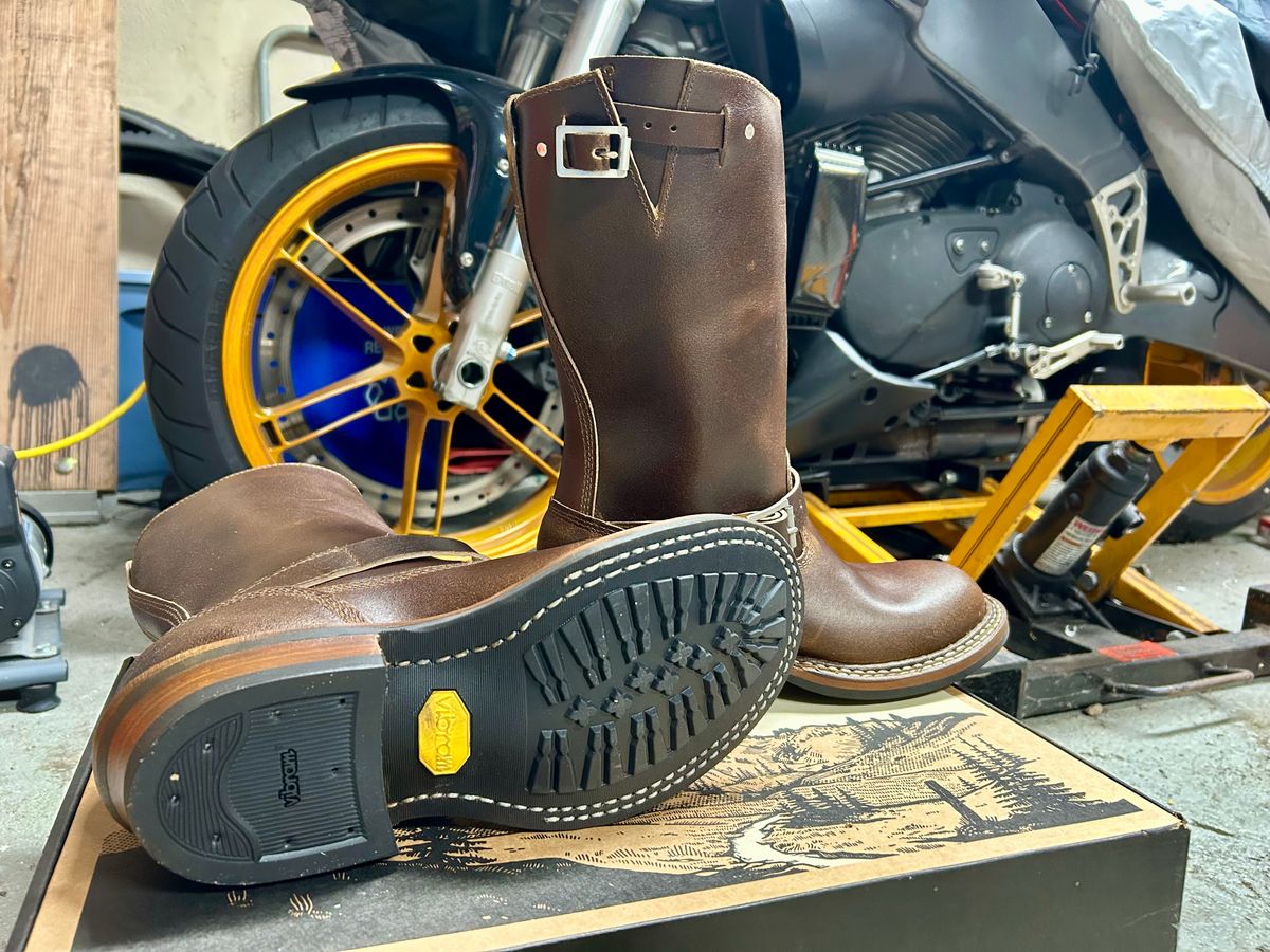 Photo by Vic on December 4, 2025 of the White's Nomad Engineer Boots in Horween Cinnamon Waxed Flesh.