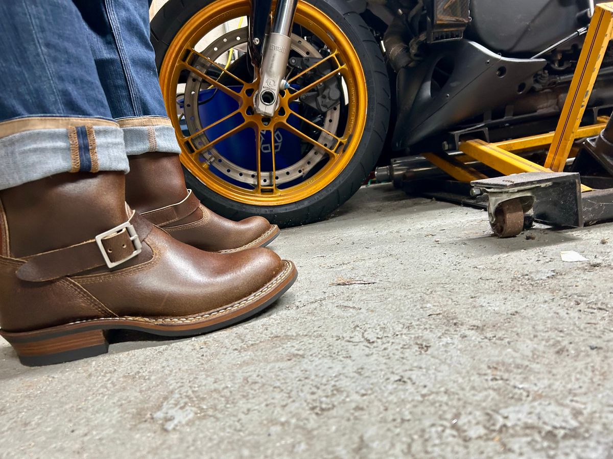 Photo by Vic on December 4, 2025 of the White's Nomad Engineer Boots in Horween Cinnamon Waxed Flesh.