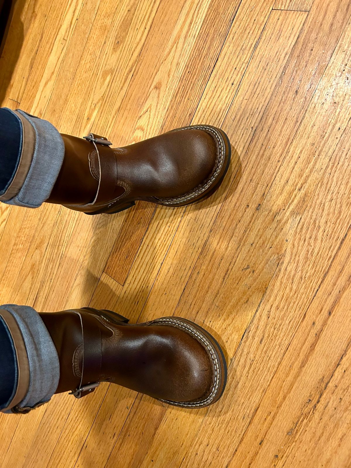 Photo by Vic on December 4, 2025 of the White's Nomad Engineer Boots in Horween Cinnamon Waxed Flesh.