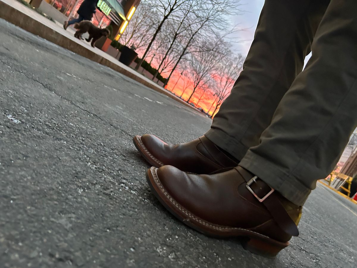 Photo by Vic on December 13, 2025 of the White's Nomad Engineer Boots in Horween Cinnamon Waxed Flesh.