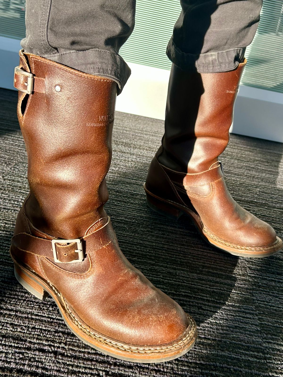 Photo by Vic on January 16, 2026 of the White's Nomad Engineer Boots in Horween Cinnamon Waxed Flesh.
