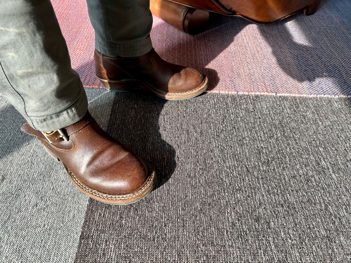 Photo by Vic on February 14, 2026 of the White's Nomad Engineer Boots in Horween Cinnamon Waxed Flesh.