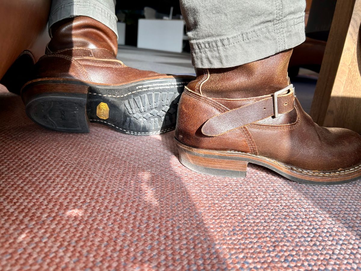 Photo by Vic on February 14, 2026 of the White's Nomad Engineer Boots in Horween Cinnamon Waxed Flesh.