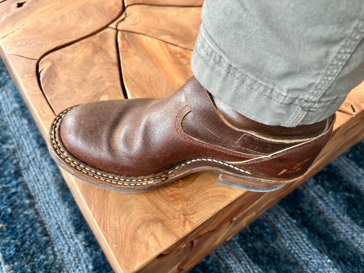 Photo by Vic on February 14, 2026 of the White's Nomad Engineer Boots in Horween Cinnamon Waxed Flesh.