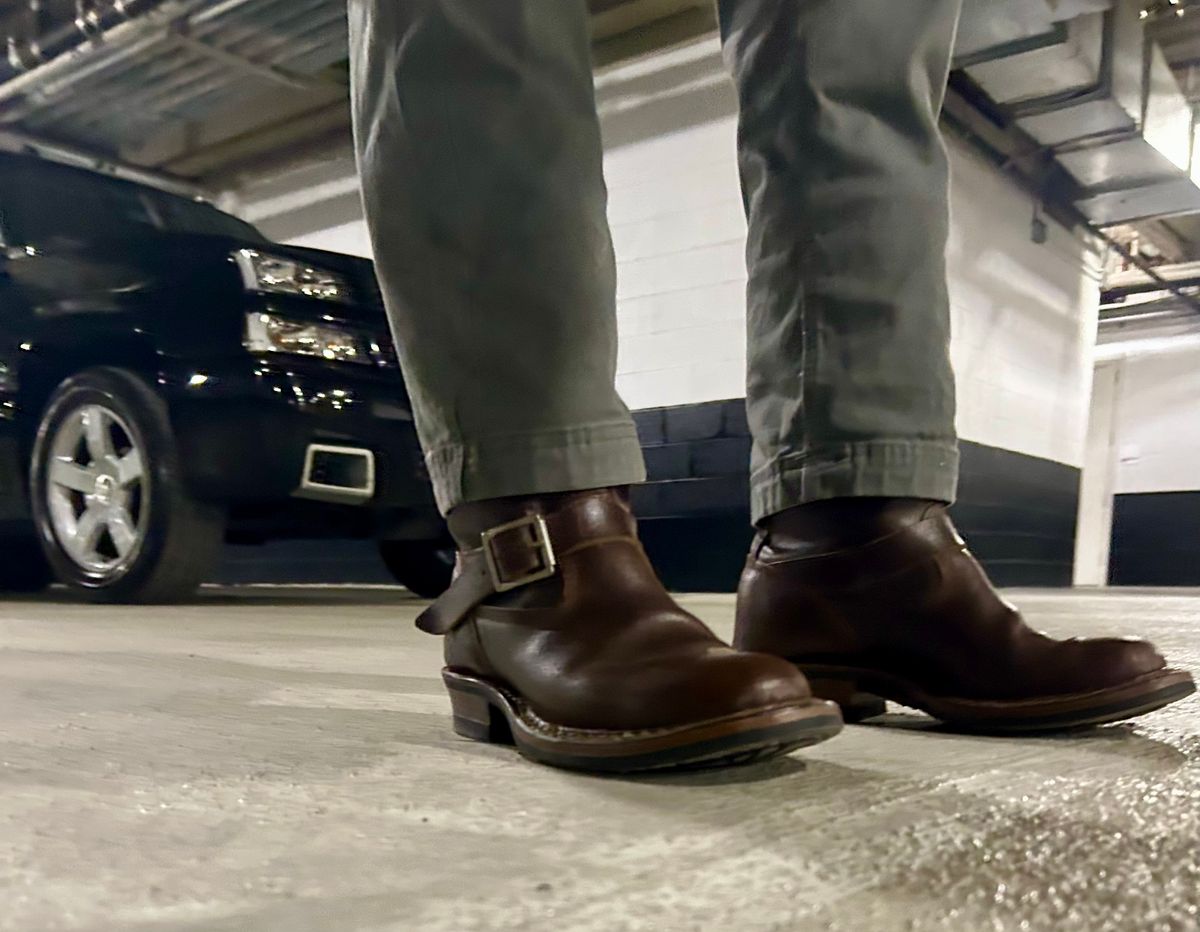 Photo by Vic on March 14, 2026 of the White's Nomad Engineer Boots in Horween Cinnamon Waxed Flesh.