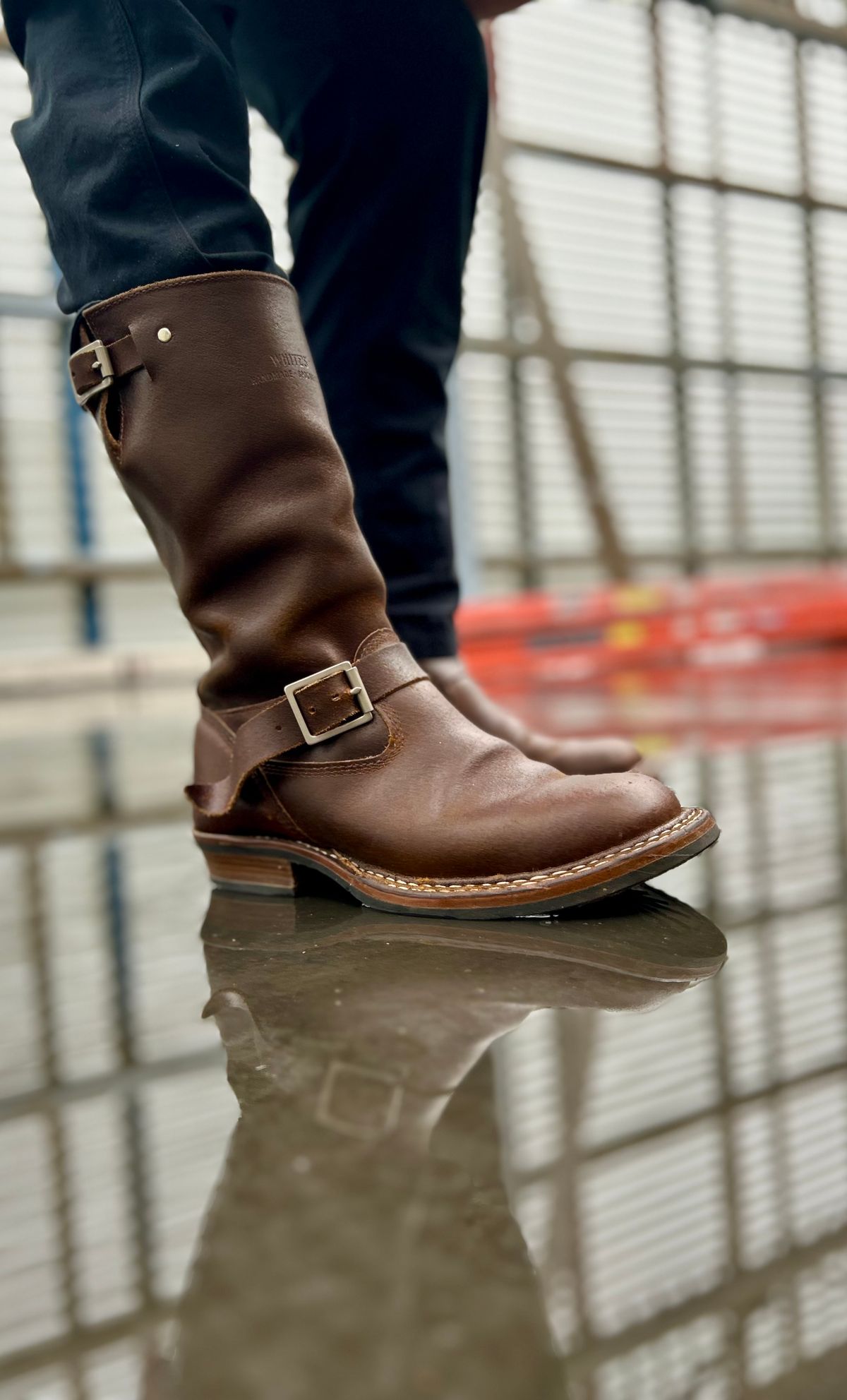 Photo by Vic on April 3, 2026 of the White's Nomad Engineer Boots in Horween Cinnamon Waxed Flesh.