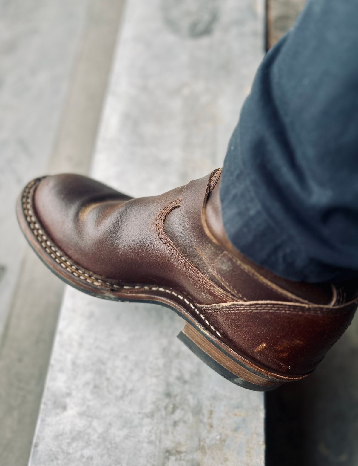Photo by Vic on April 3, 2026 of the White's Nomad Engineer Boots in Horween Cinnamon Waxed Flesh.