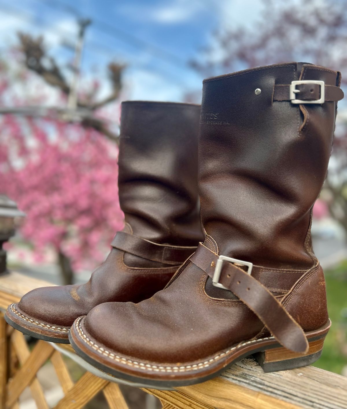 Photo by Vic on April 15, 2026 of the White's Nomad Engineer Boots in Horween Cinnamon Waxed Flesh.