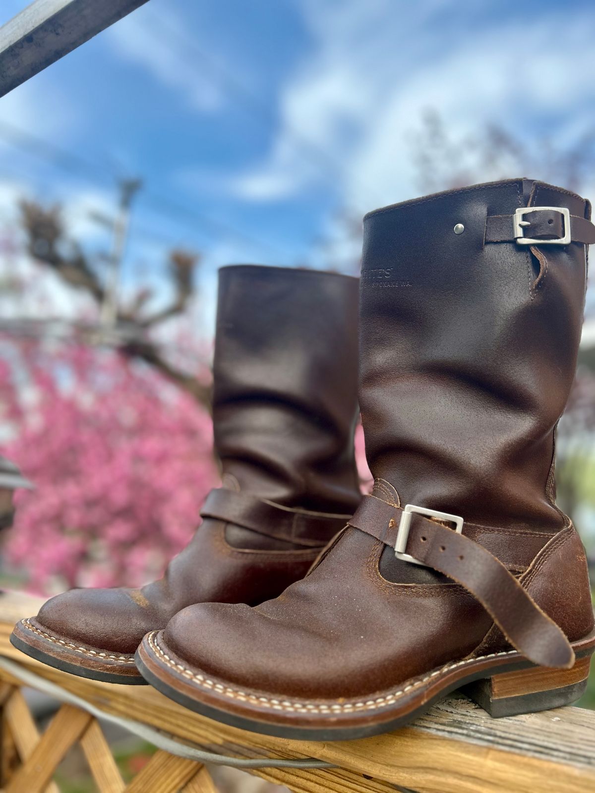 Photo by Vic on April 15, 2026 of the White's Nomad Engineer Boots in Horween Cinnamon Waxed Flesh.