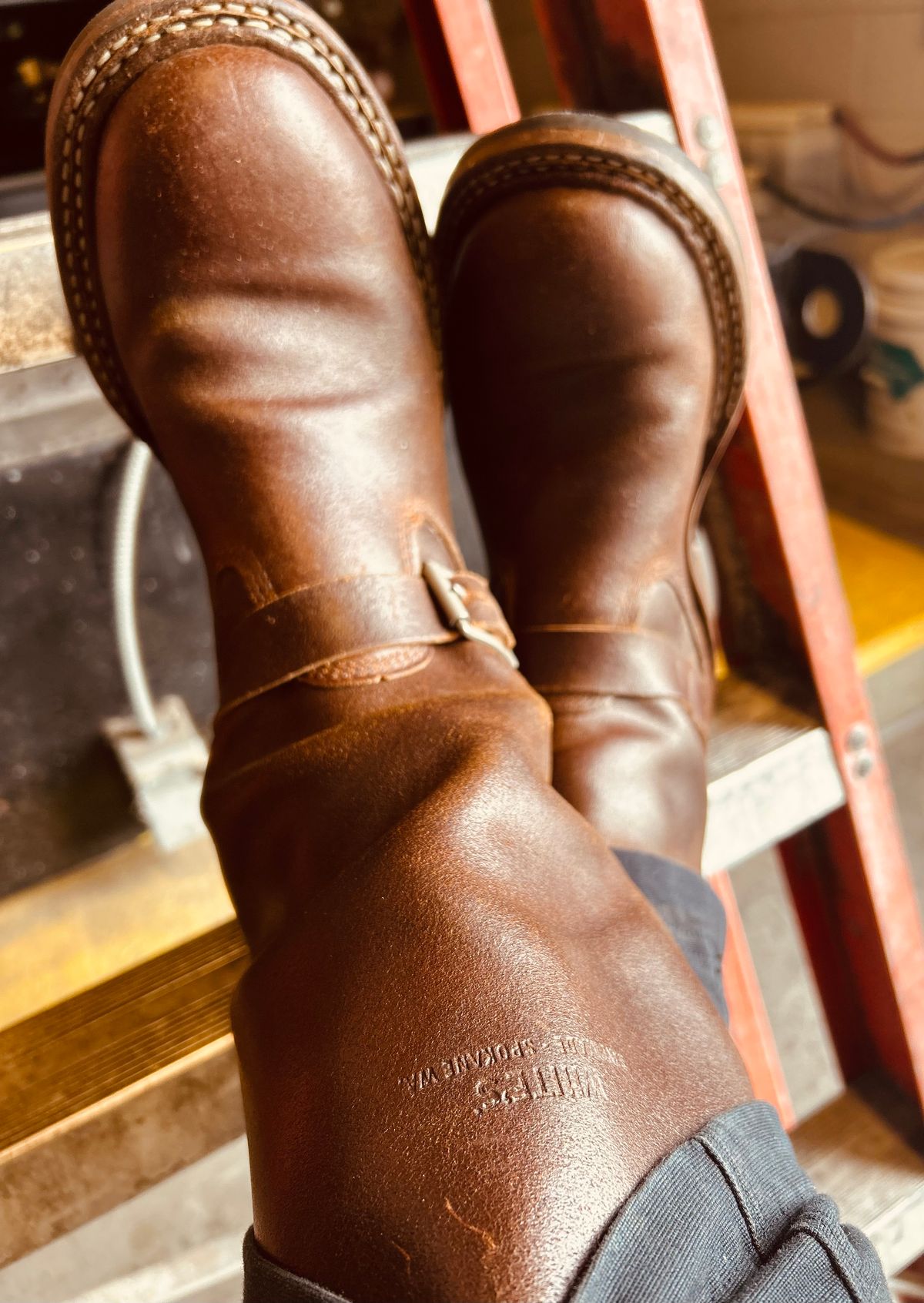 Photo by Vic on May 21, 2026 of the White's Nomad Engineer Boots in Horween Cinnamon Waxed Flesh.