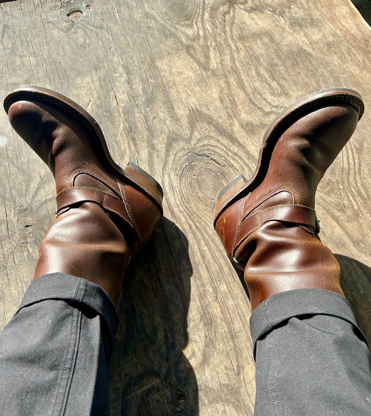 Photo by Vic on June 5, 2026 of the White's Nomad Engineer Boots in Horween Cinnamon Waxed Flesh.