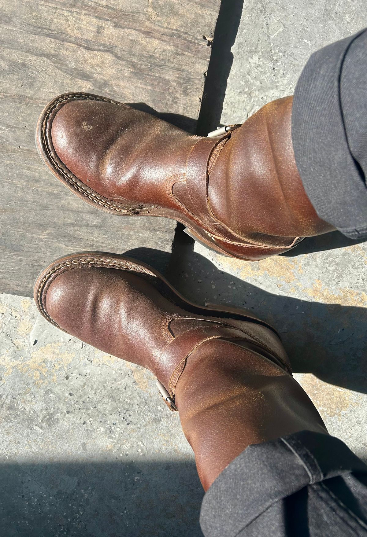 Photo by Vic on June 8, 2026 of the White's Nomad Engineer Boots in Horween Cinnamon Waxed Flesh.
