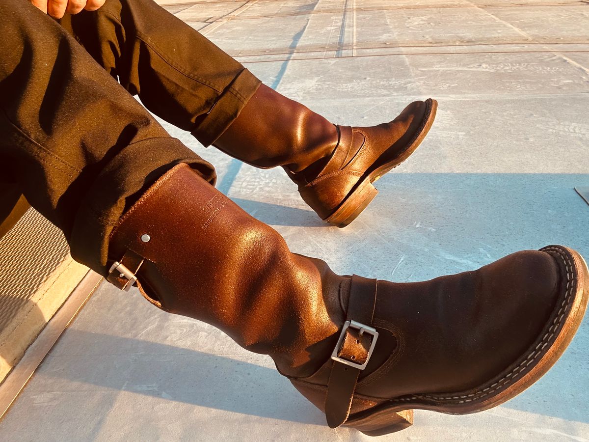 Photo by Vic on June 9, 2026 of the White's Nomad Engineer Boots in Horween Cinnamon Waxed Flesh.