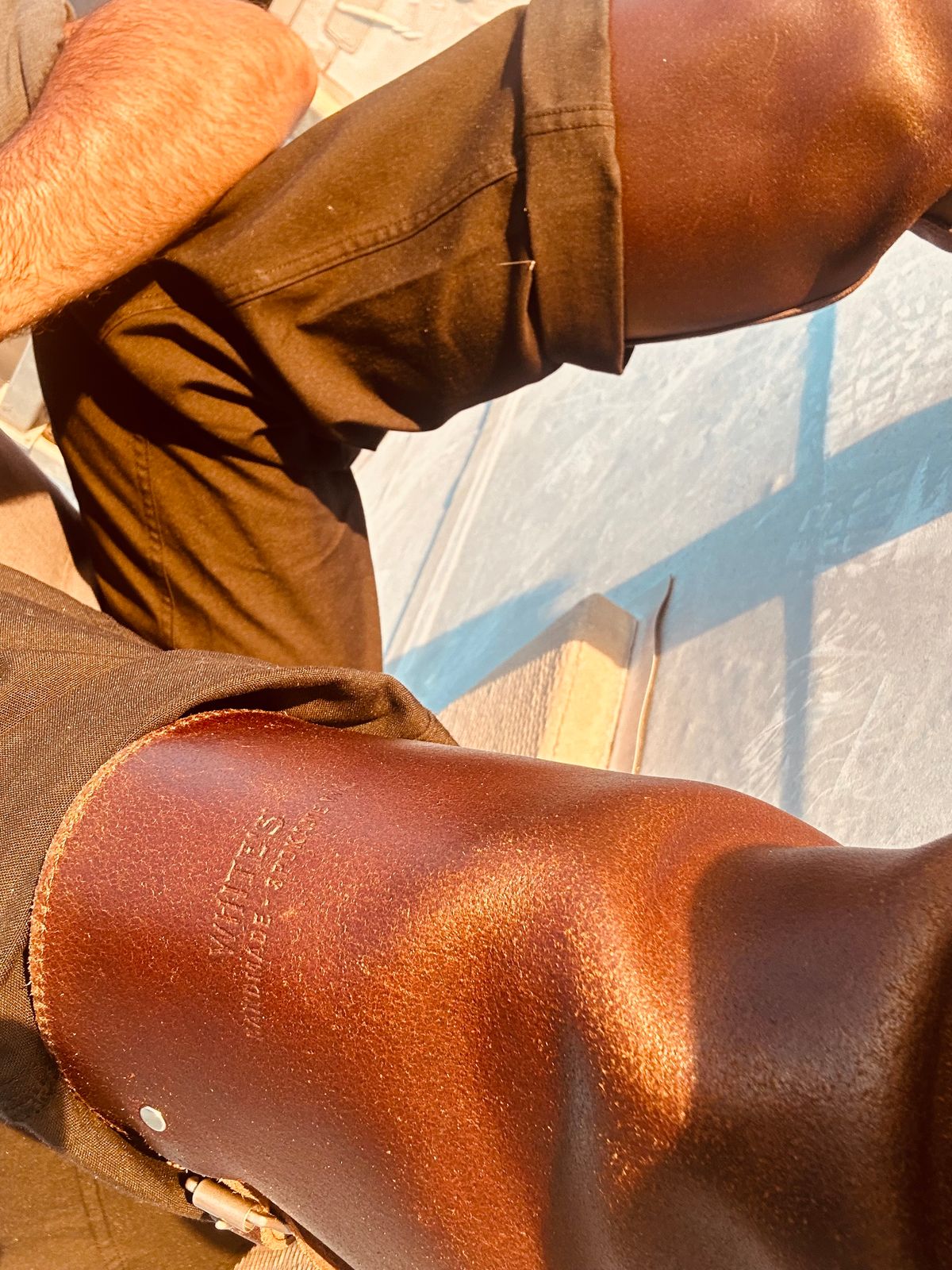 Photo by Vic on June 9, 2026 of the White's Nomad Engineer Boots in Horween Cinnamon Waxed Flesh.