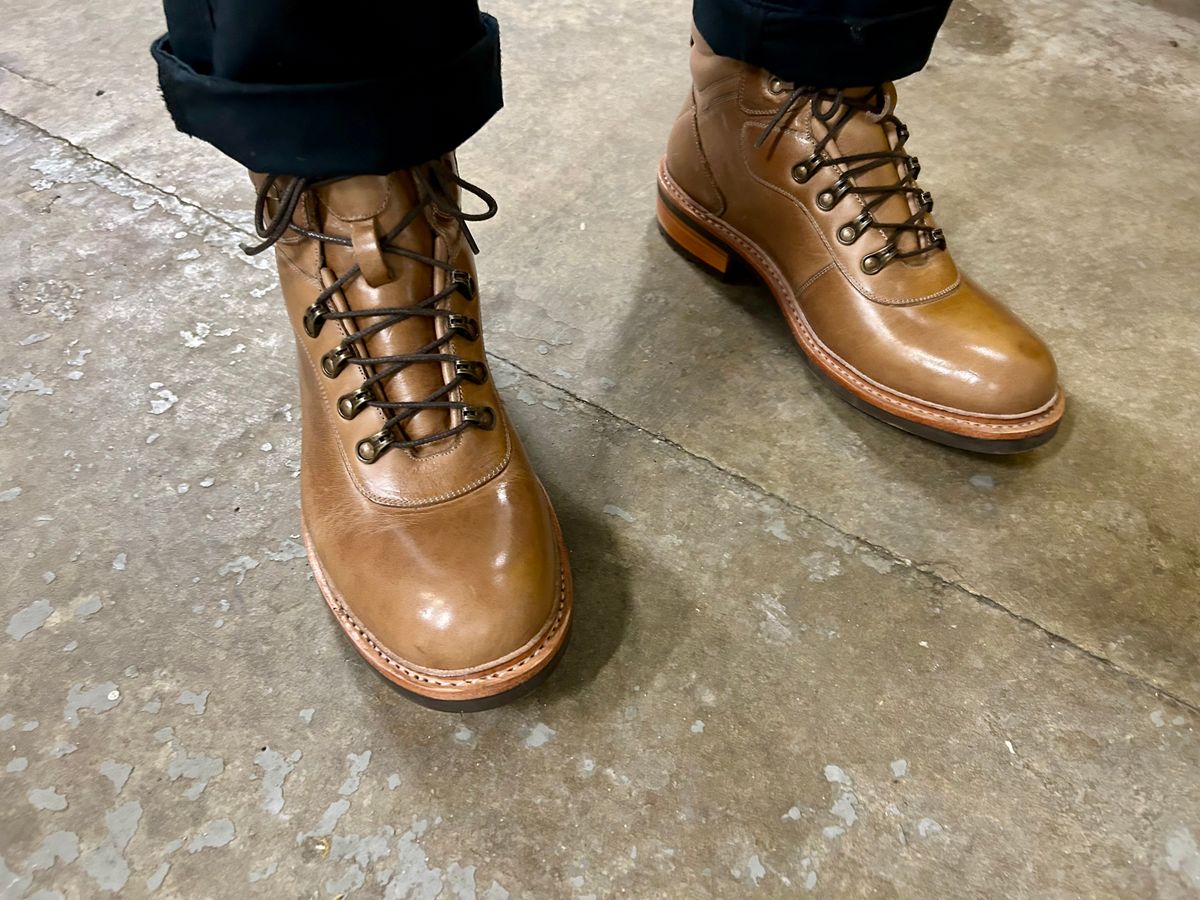 Photo by Vic on January 30, 2026 of the Blkbrd Shoemaker Bulwark Trek Boot in Horween Natural Chromepak.