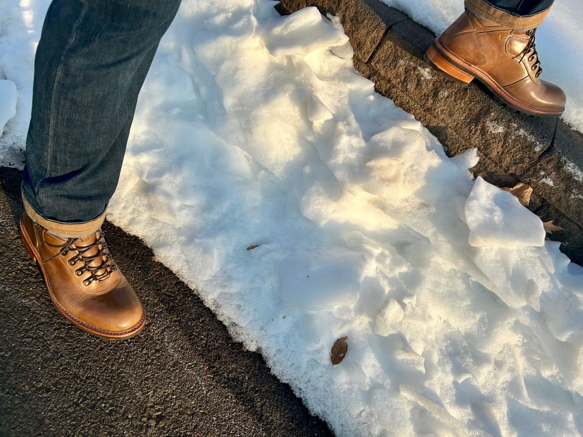 Photo by Vic on February 4, 2026 of the Blkbrd Shoemaker Bulwark Trek Boot in Horween Natural Chromepak.