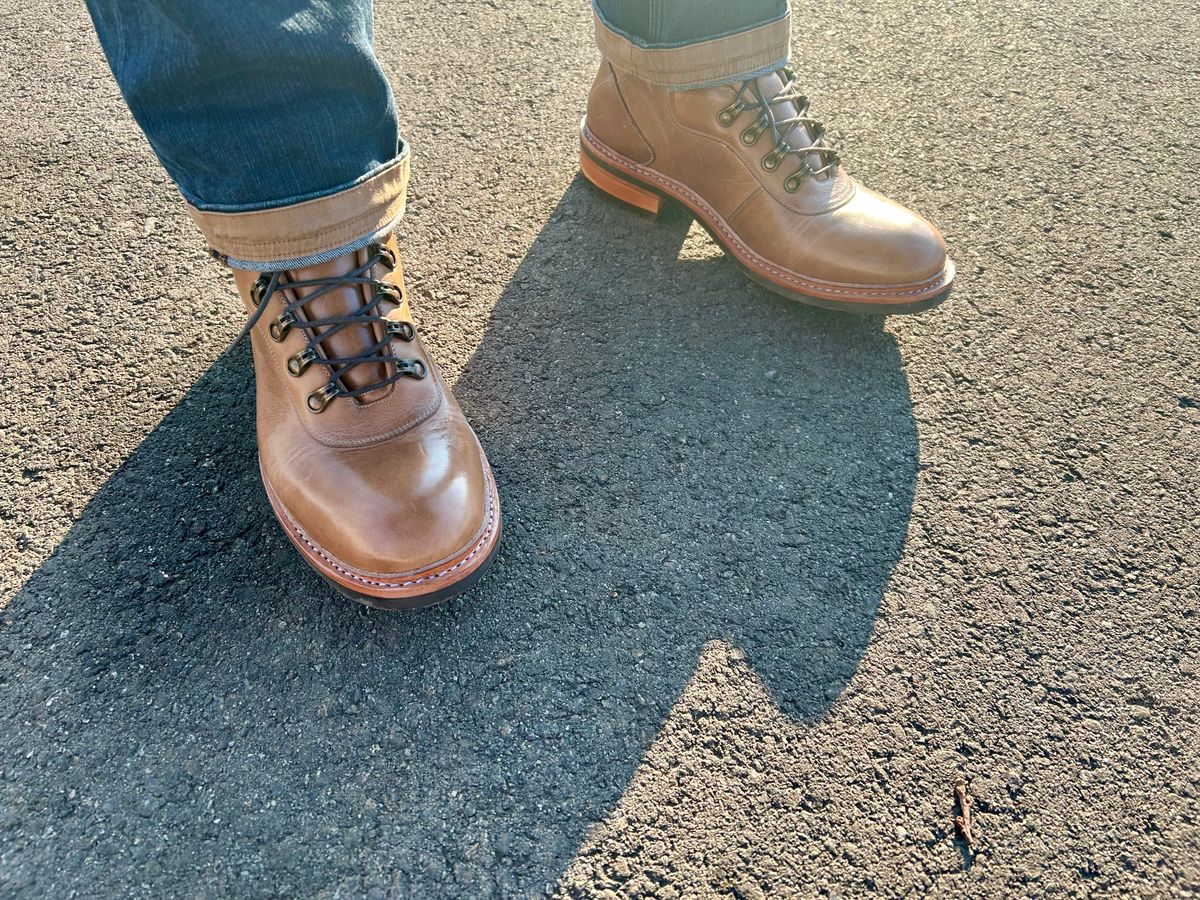 Photo by Vic on February 4, 2026 of the Blkbrd Shoemaker Bulwark Trek Boot in Horween Natural Chromepak.