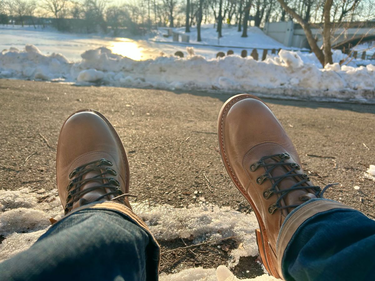 Photo by Vic on February 4, 2026 of the Blkbrd Shoemaker Bulwark Trek Boot in Horween Natural Chromepak.