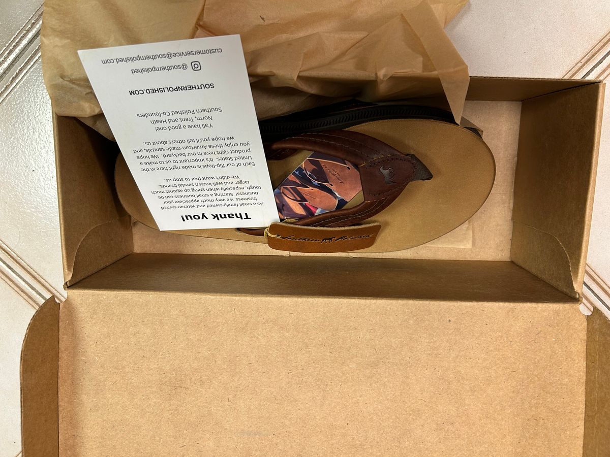 Photo by Vic on October 29, 2025 of the Southern Polished Flip Flop in Law Tanning Mahogany Big Horn Shrunken Bison.