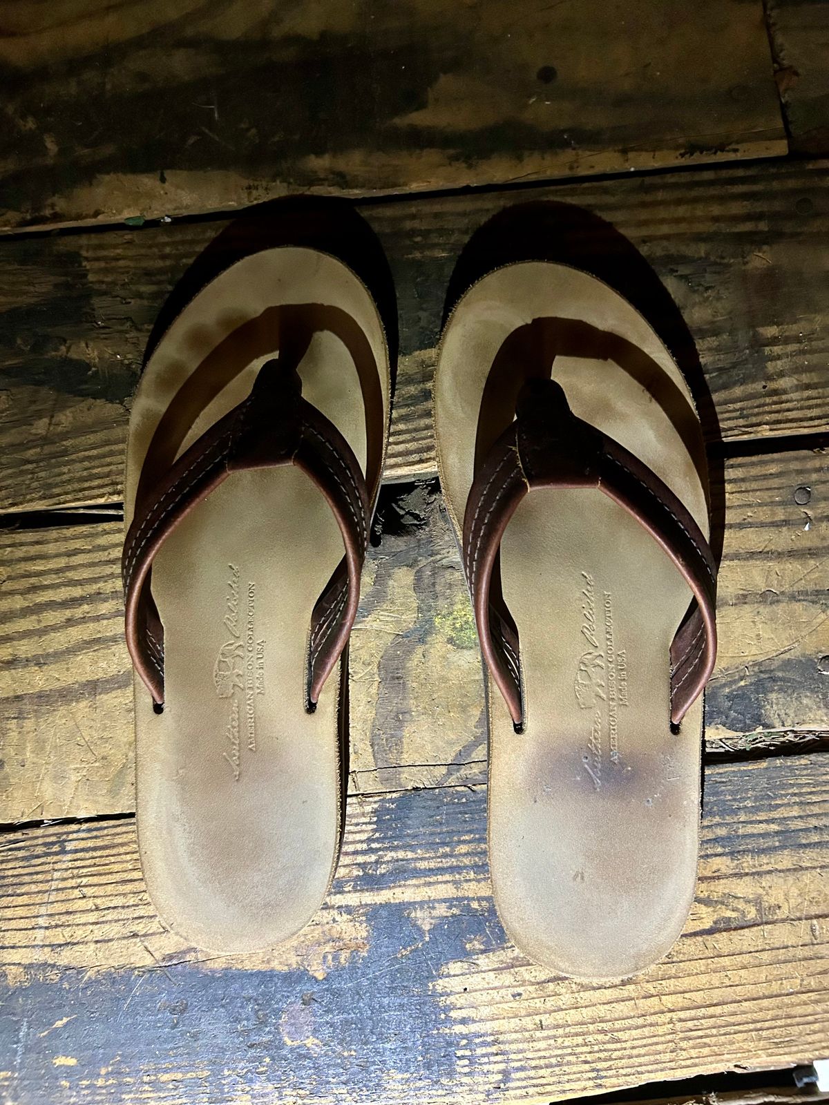 Photo by Vic on April 15, 2026 of the Southern Polished Flip Flop in Law Tanning Mahogany Big Horn Shrunken Bison.