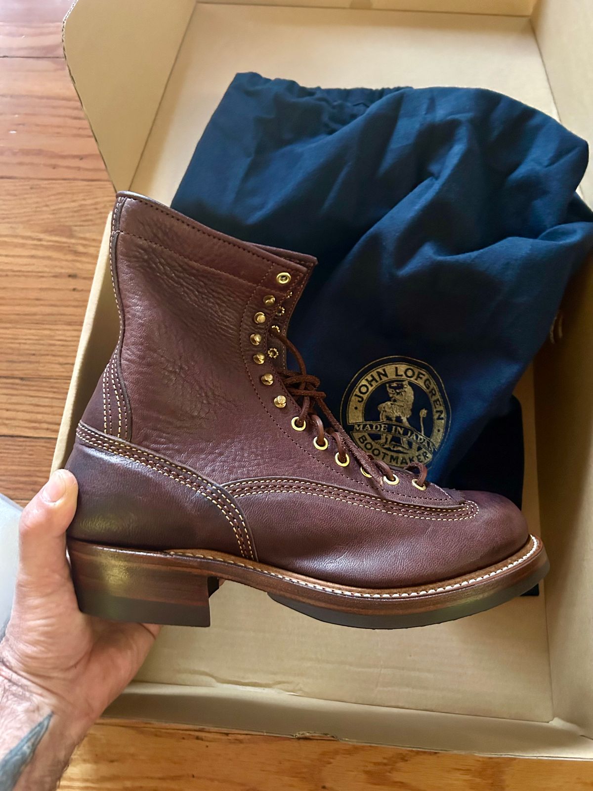 Photo by Vic on June 4, 2026 of the John Lofgren Donkey Puncher Boots in Ezo Shika Deerskin Burnt Dark Brown.
