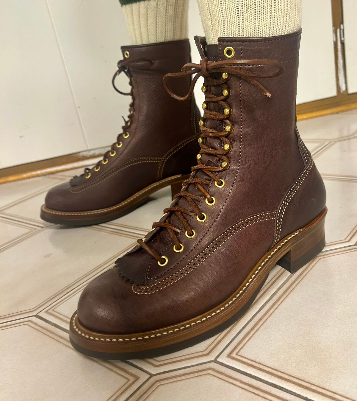Photo by Vic on June 5, 2026 of the John Lofgren Donkey Puncher Boots in Ezo Shika Deerskin Burnt Dark Brown.