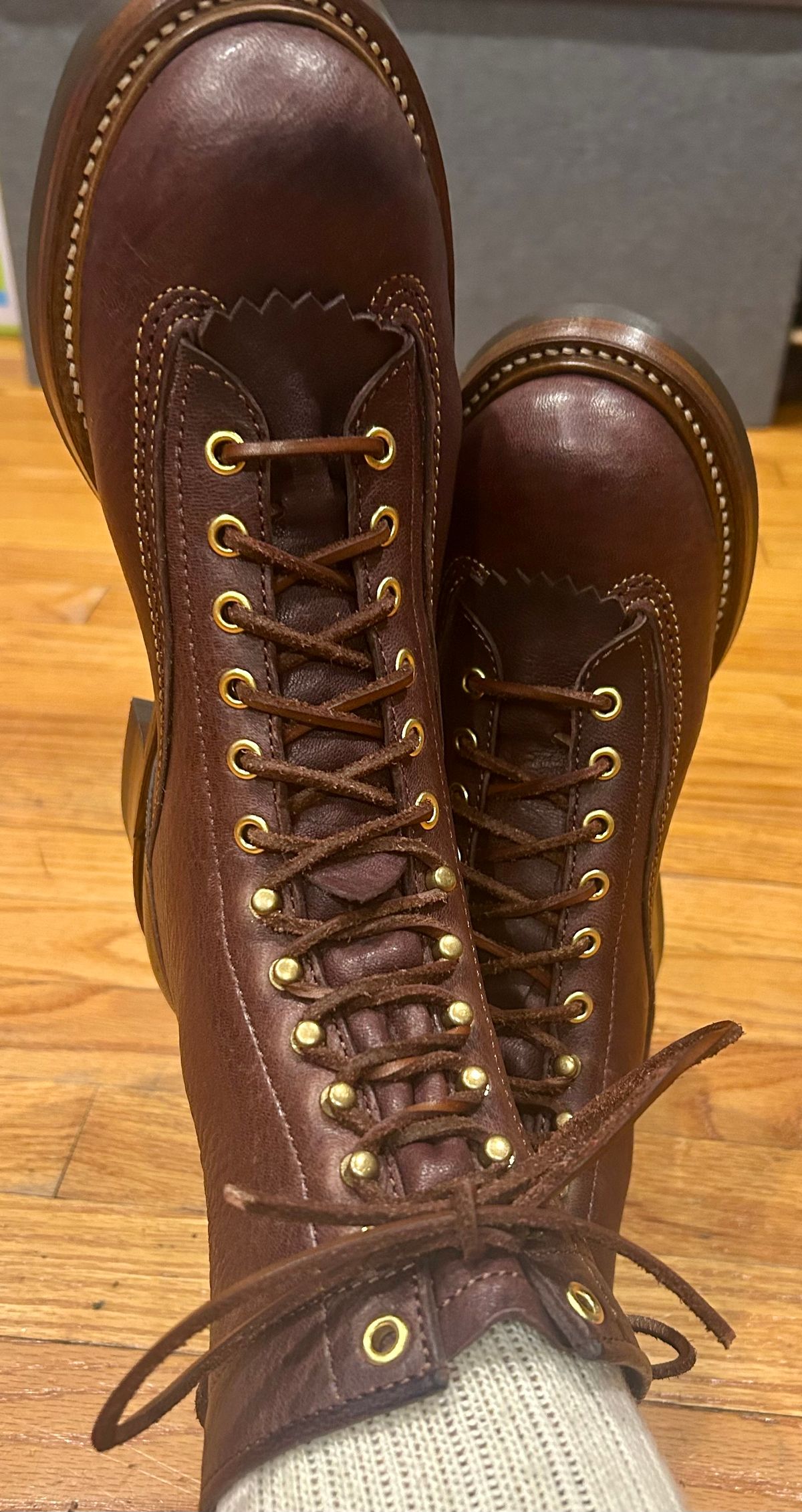 Photo by Vic on June 5, 2026 of the John Lofgren Donkey Puncher Boots in Ezo Shika Deerskin Burnt Dark Brown.