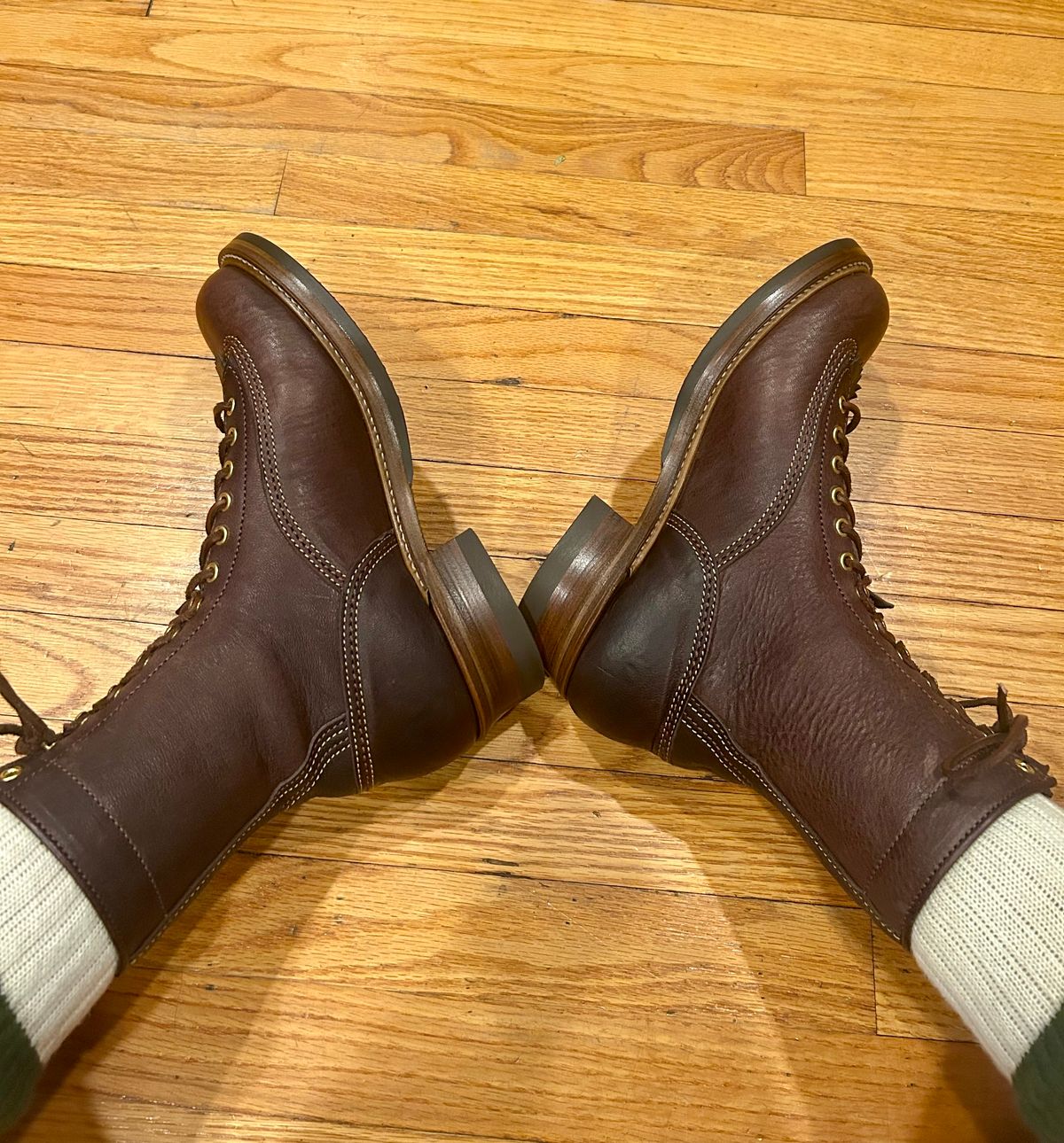 Photo by Vic on June 5, 2026 of the John Lofgren Donkey Puncher Boots in Ezo Shika Deerskin Burnt Dark Brown.