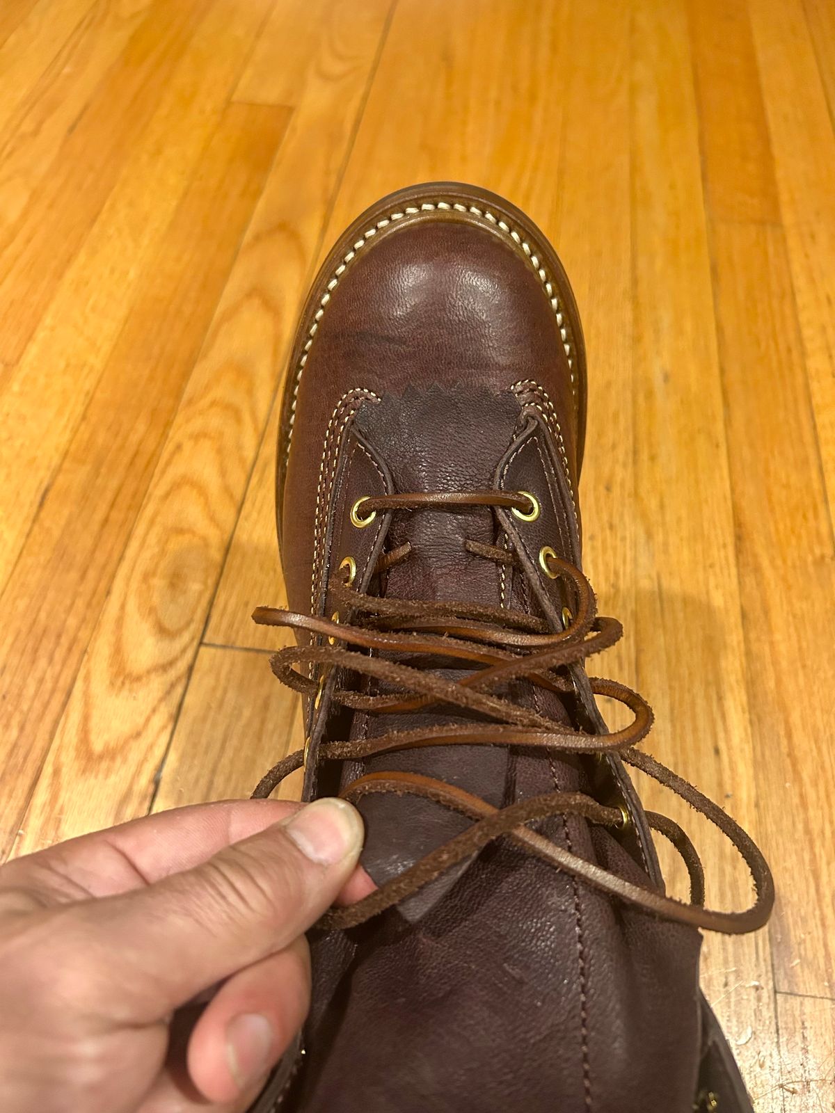 Photo by Vic on June 5, 2026 of the John Lofgren Donkey Puncher Boots in Ezo Shika Deerskin Burnt Dark Brown.