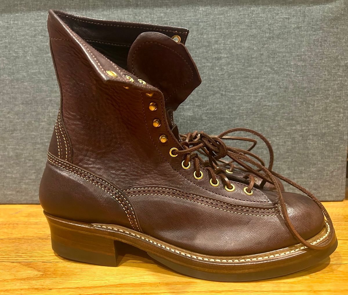 Photo by Vic on June 5, 2026 of the John Lofgren Donkey Puncher Boots in Ezo Shika Deerskin Burnt Dark Brown.