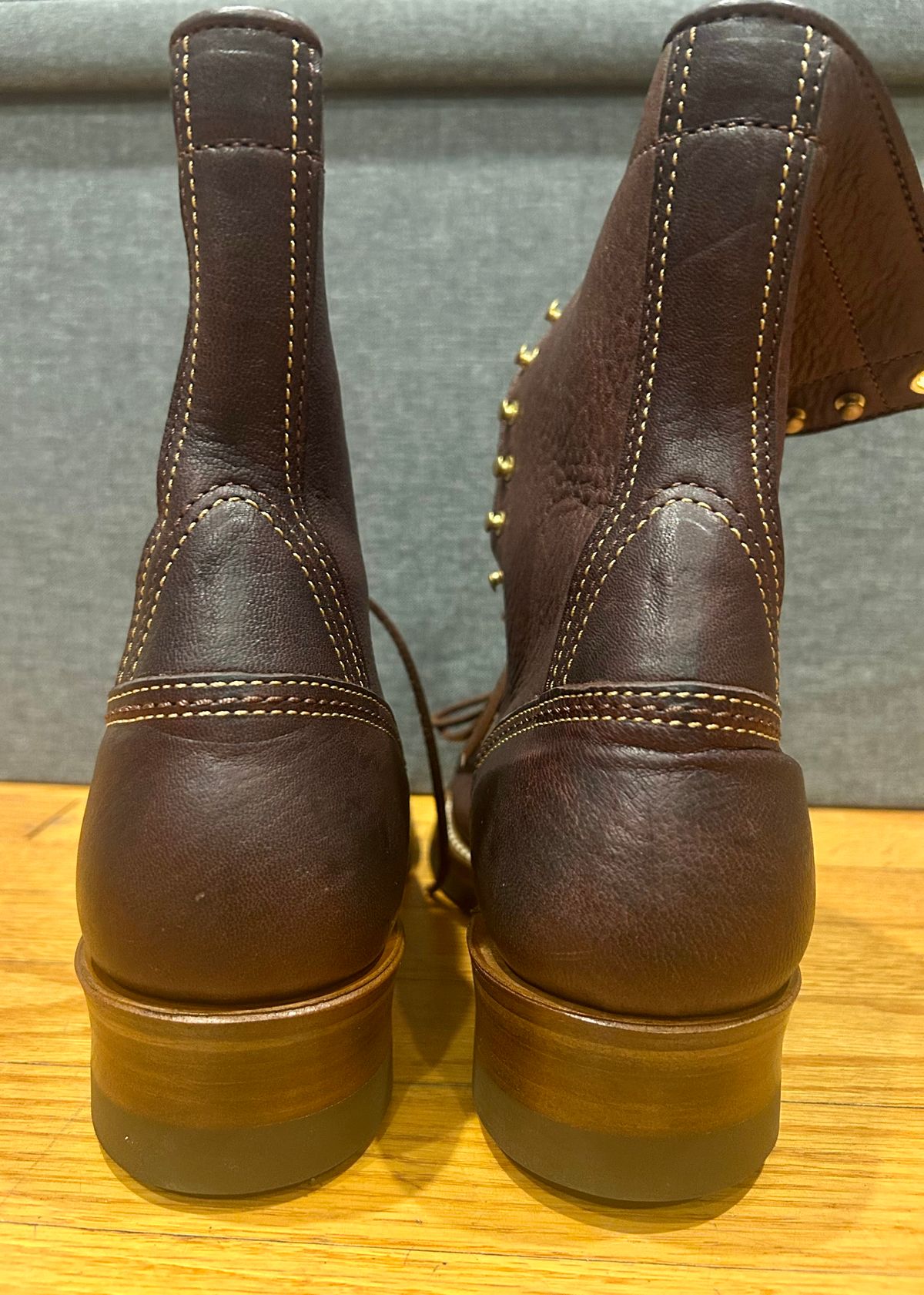 Photo by Vic on June 5, 2026 of the John Lofgren Donkey Puncher Boots in Ezo Shika Deerskin Burnt Dark Brown.