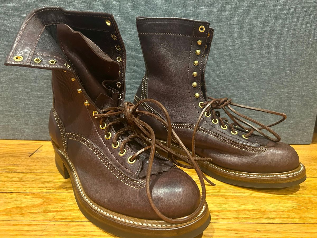 Photo by Vic on June 5, 2026 of the John Lofgren Donkey Puncher Boots in Ezo Shika Deerskin Burnt Dark Brown.