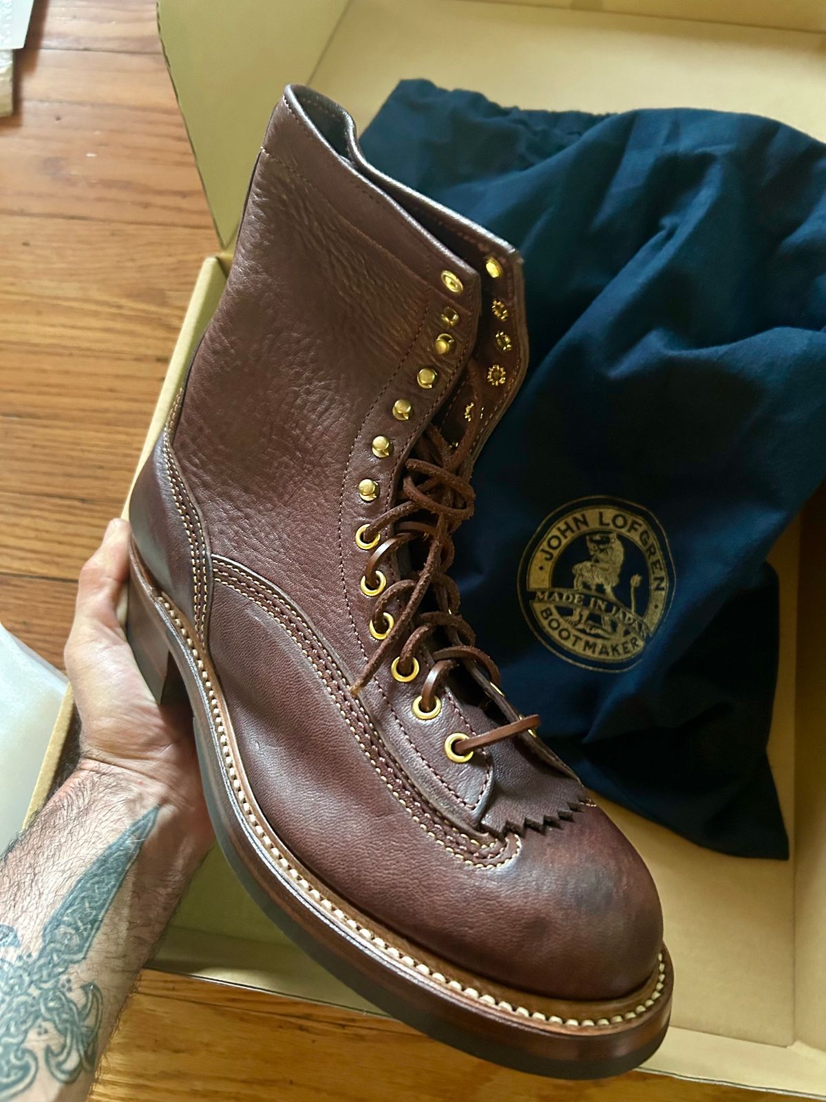 Photo by Vic on June 4, 2026 of the John Lofgren Donkey Puncher Boots in Ezo Shika Deerskin Burnt Dark Brown.