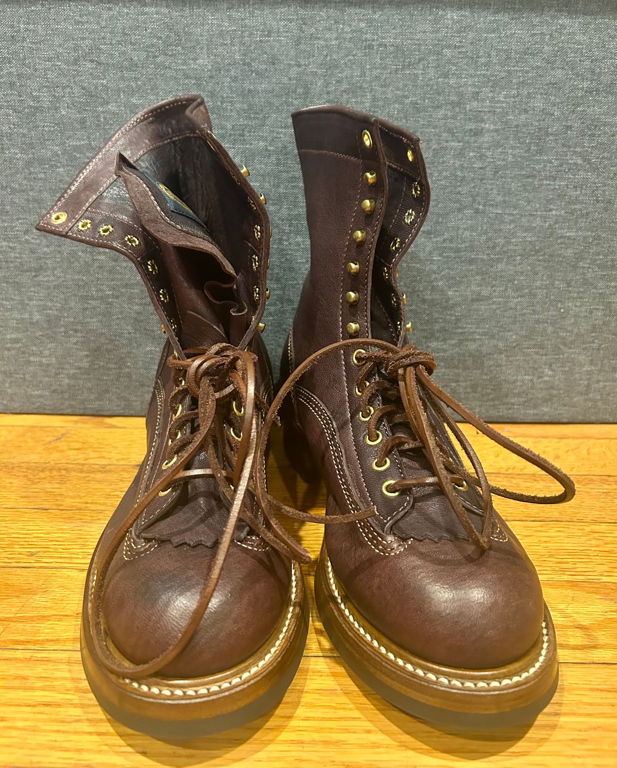 Photo by Vic on June 5, 2026 of the John Lofgren Donkey Puncher Boots in Ezo Shika Deerskin Burnt Dark Brown.