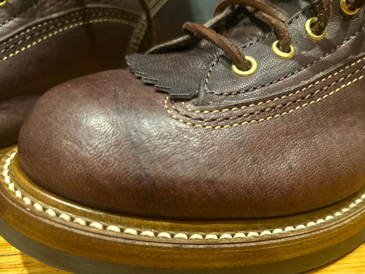 Photo by Vic on June 5, 2026 of the John Lofgren Donkey Puncher Boots in Ezo Shika Deerskin Burnt Dark Brown.
