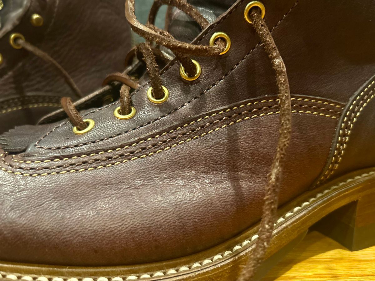 Photo by Vic on June 5, 2026 of the John Lofgren Donkey Puncher Boots in Ezo Shika Deerskin Burnt Dark Brown.