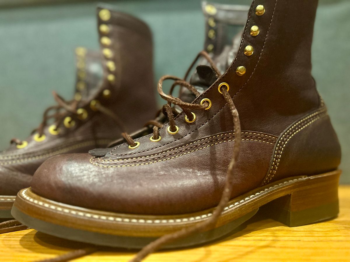 Photo by Vic on June 5, 2026 of the John Lofgren Donkey Puncher Boots in Ezo Shika Deerskin Burnt Dark Brown.