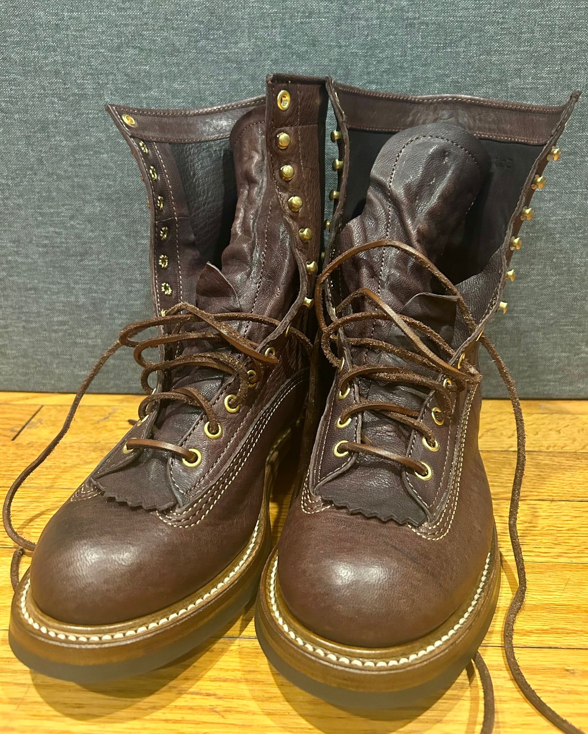 Photo by Vic on June 5, 2026 of the John Lofgren Donkey Puncher Boots in Ezo Shika Deerskin Burnt Dark Brown.