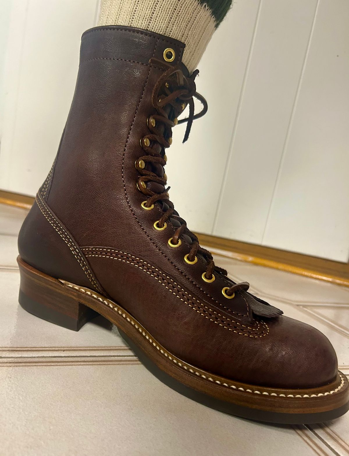 Photo by Vic on June 5, 2026 of the John Lofgren Donkey Puncher Boots in Ezo Shika Deerskin Burnt Dark Brown.
