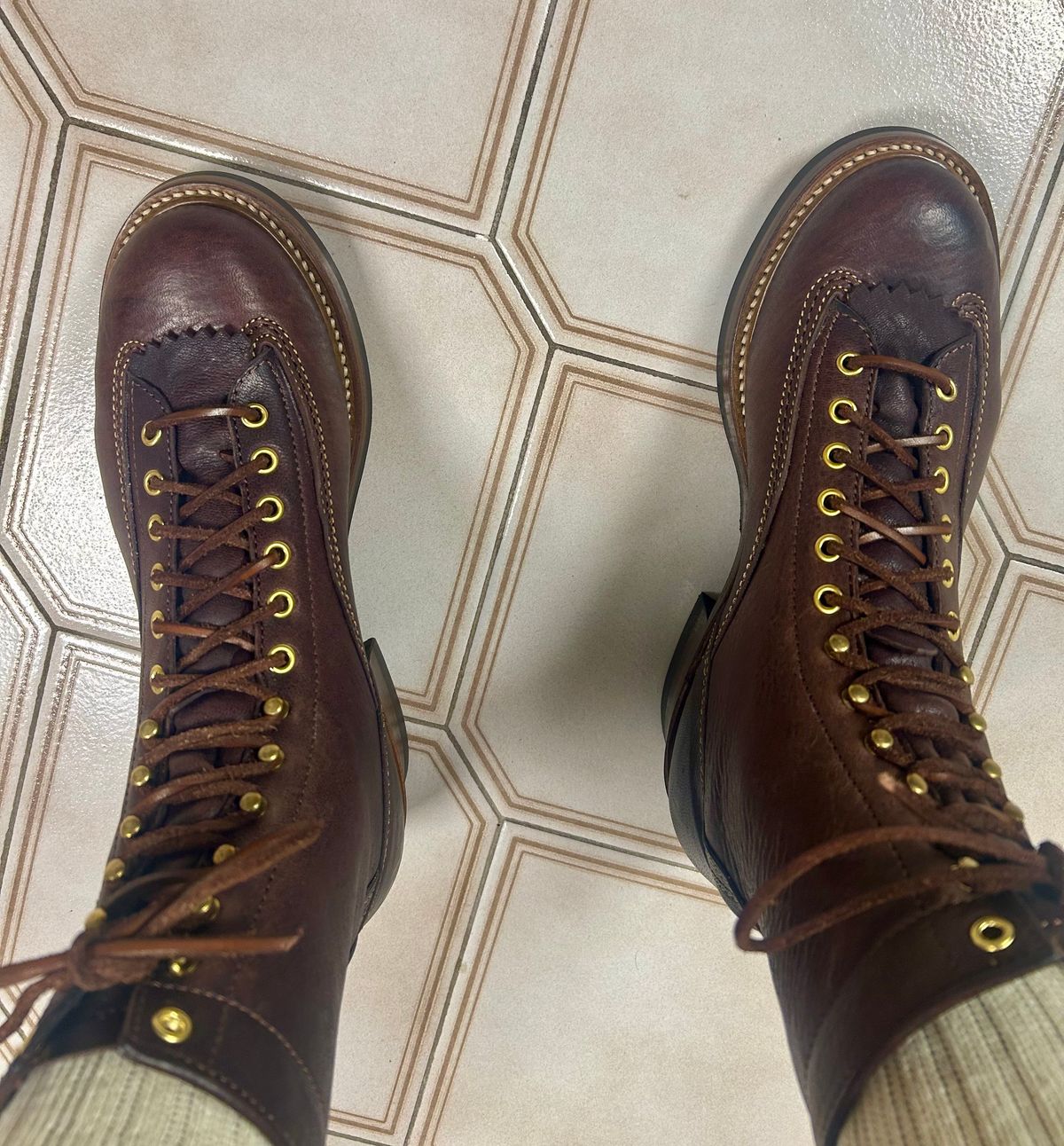 Photo by Vic on June 5, 2026 of the John Lofgren Donkey Puncher Boots in Ezo Shika Deerskin Burnt Dark Brown.